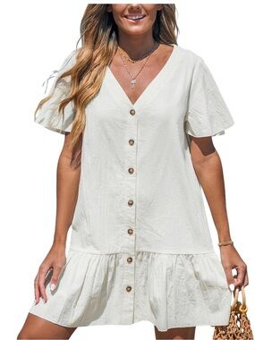 New CupShe Women's V-Neck Flounce Mini Beach Dress. Cream. XXL